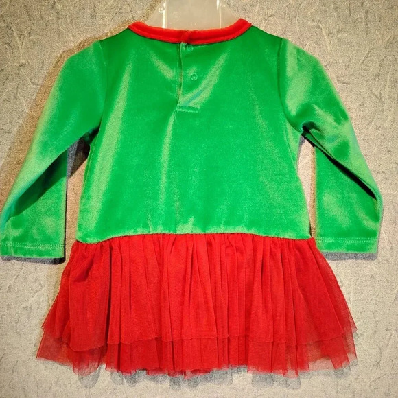 George Infant Green Velvet &  Red Tulle Long Sleeve Holiday Dress 12-18 Mo. - Picture 4 of 7